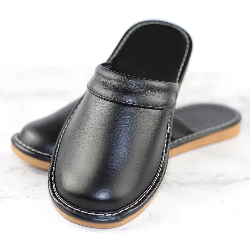 

Plain Black Flip Flops Man Comfy Leather Slippers For Home Slides Shoes Men's Indoor Slipper Green Room Mute Shoes Male Slippers