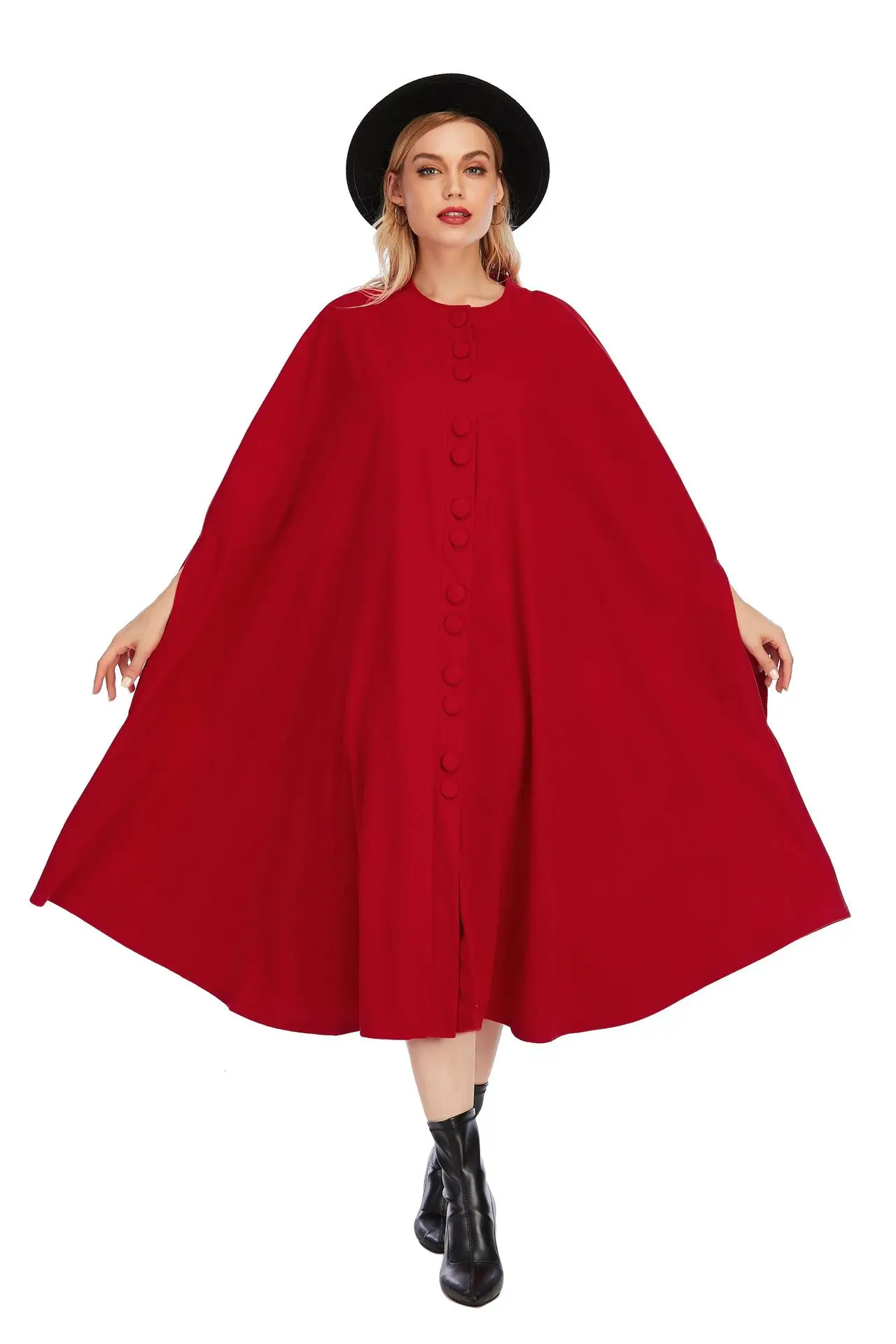 

Autumn and winter women's wear Europe and the United States single-row buckled round-necked big cloak shawl elonger coat coat