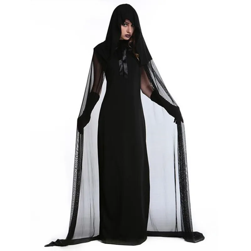 

Sexy Women Lady Black Long Dress Witch Cosplay Costume Adults Stage Performance Costumes Masquerade Party Christmas Halloween
