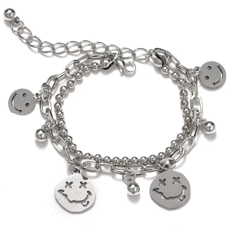 

Trendy Double-layer Chain Bracelet Smiley Face Pendant Female Personality Jumping Hip Hop Street Jewelry pulseras mujer pulsera