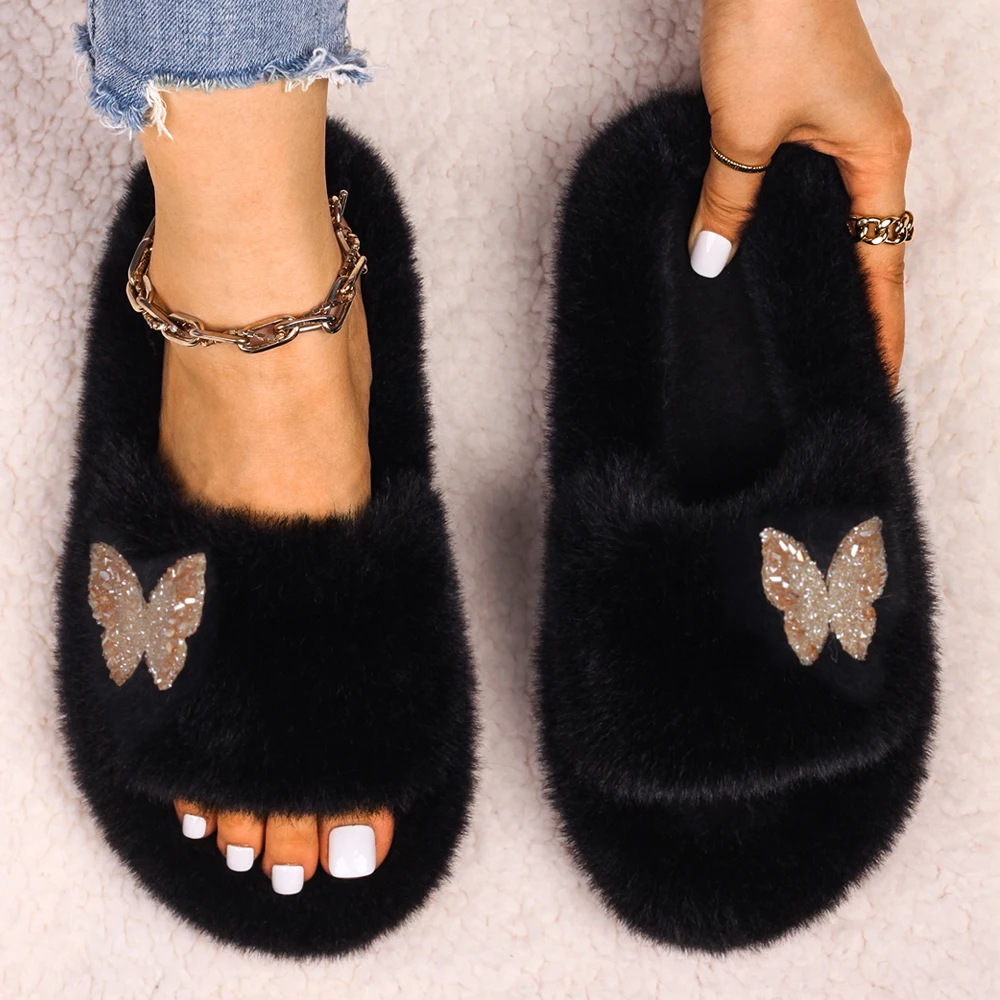 Women Winter Slippers Crystal Insect Decor Fluffy Slides Platform Faux Fur Sandals Casual Shoes Luxury Cozy Slippers Flip Flops