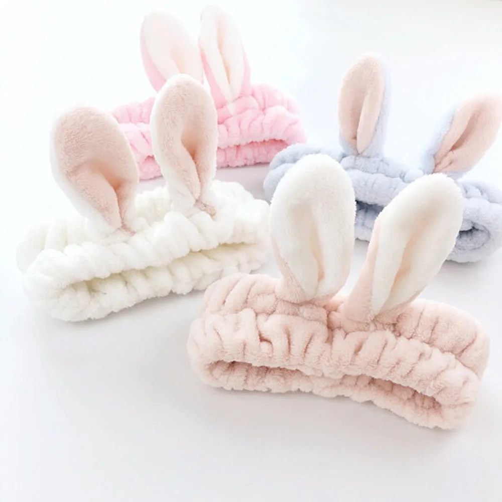 

2021 Women Cute Coral Fleece Rabbit Ears Elastic Headbands Soft Wash Face Bath Hairbands Girls Holder Turban Hair Accessories
