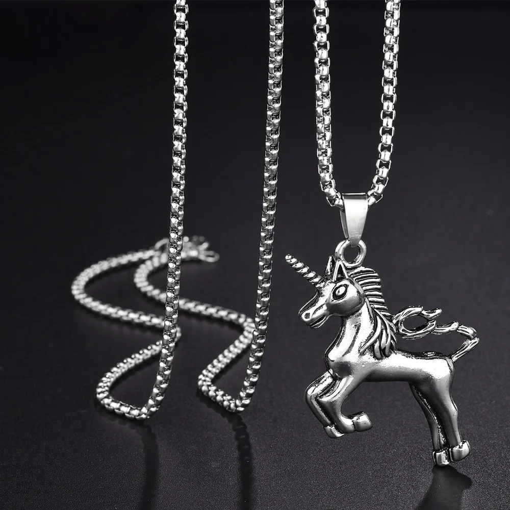 

1pc Vintage Silver Color Unicorn Pendant Necklace Temperament Metal Link Chain Girl Women Men's Fashion Jewelry Best Gift