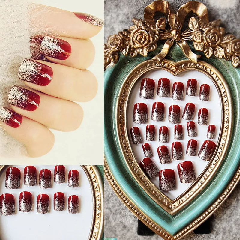 

Hot 24PCS High-Gloss Shiny Red Wine Silver False French Nail Tips Full Cover UV Gel Fake Tips Art FRE-Drop
