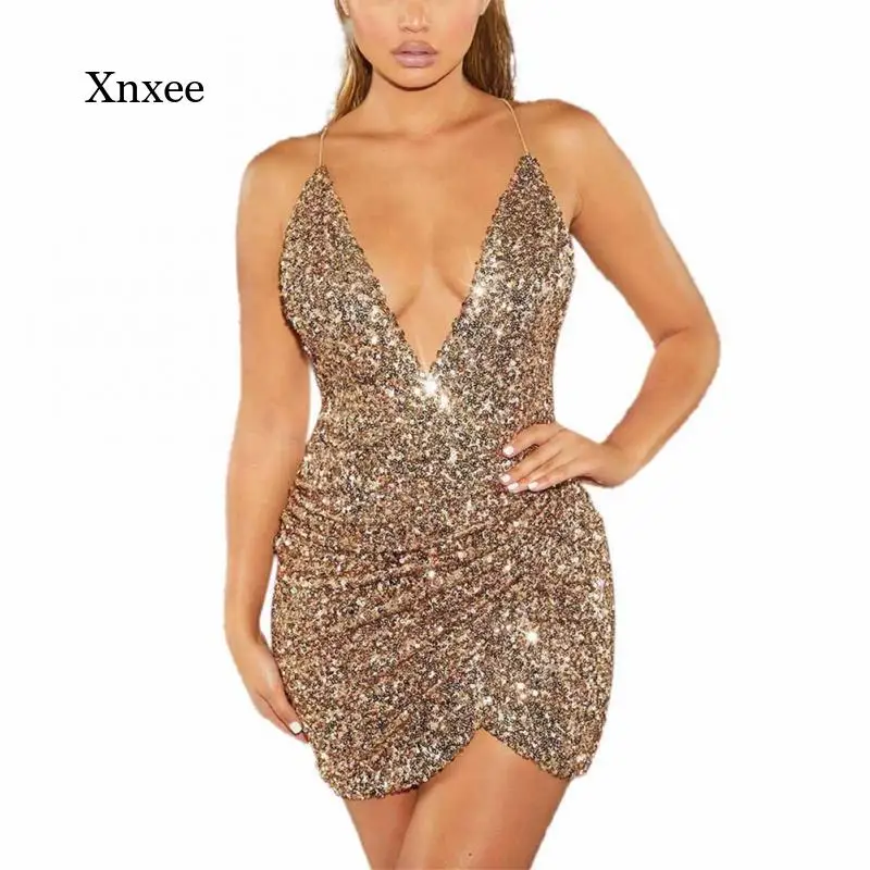 

Женская короткая юбка с блестками, облегающая блестящая юбка с тонкими бретельками и глубоким V-образным вырезом, лето 2021