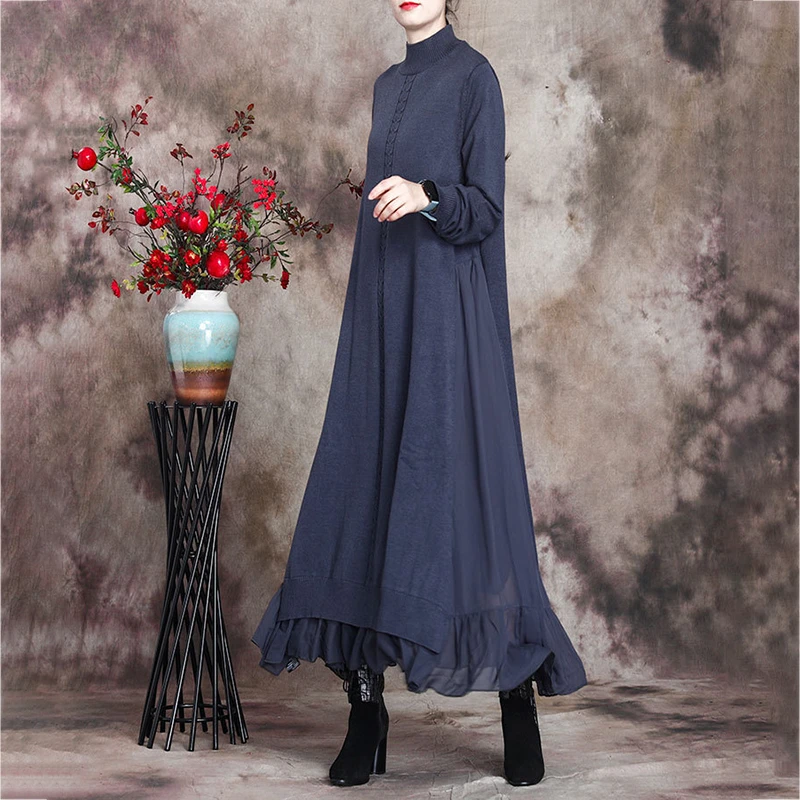 

IEQJ Dress Women Solid Long Length Office Lady Loose Elegant Full Sleeve Stand Collar 2021 Spring Autumn New Fashion Tide GD246