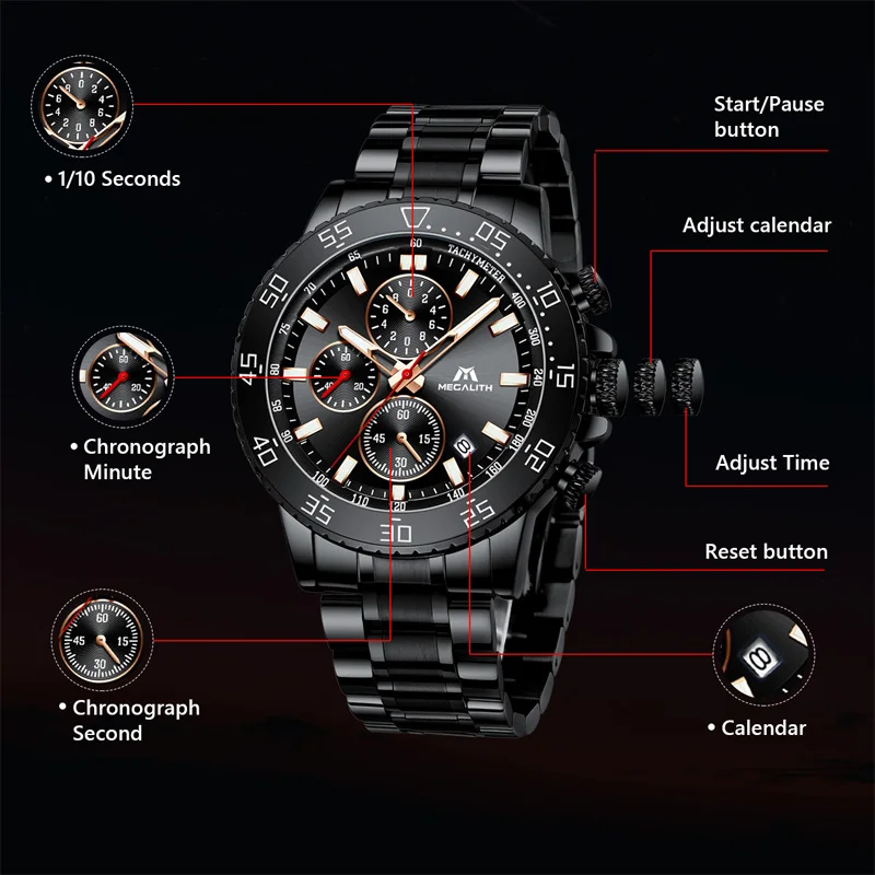 MEGALITH мужские часы Топ бренд водонепроницаемые спортивные из нержавеющей стали