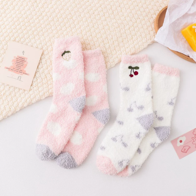 

Women's Cute Embroidery Fruit Winter Plush Warm Sleep Socks Strawberry Cherry Bed Indoor Coral Velvet Fleece Female Tube Socks