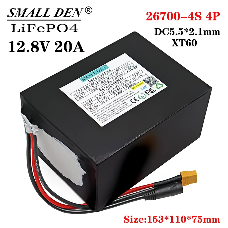 

Lifepo4 12.8V 20Ah 26700 battery pack 4S4P, used for electric boat 12V lawn mower, XT60+DC with 4S 30A maximum 60A balanced BMS