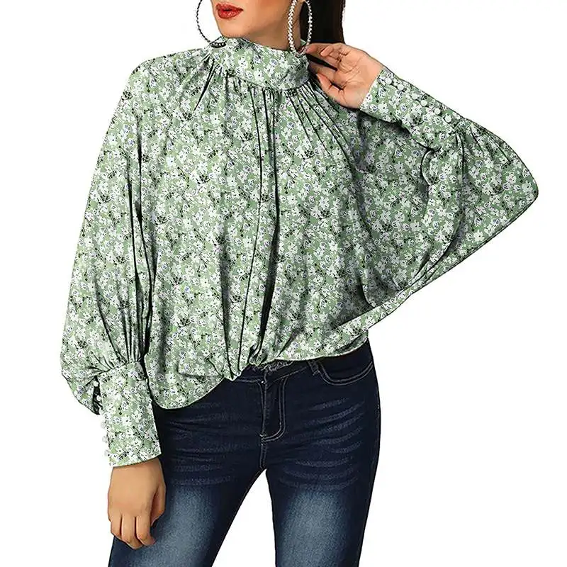 

Women Elegant Floral Print Blouse Casual Long Sleeve Shirts Stand Collar Pleated Tops 2021 VONDA Female Elegant Blusa Feminina