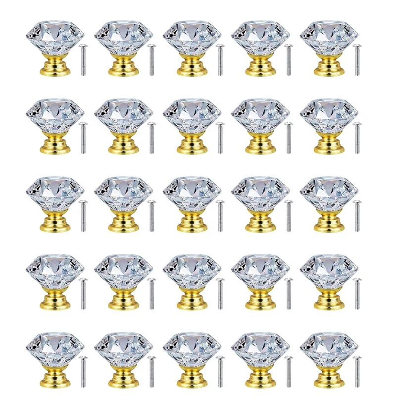 

25 Pack 30 mm Crystal Glass Door Cabinet Knobs Cupboard Drawer Pull Handle ( Gold Base),for Kitchen Office Chest Cabinet