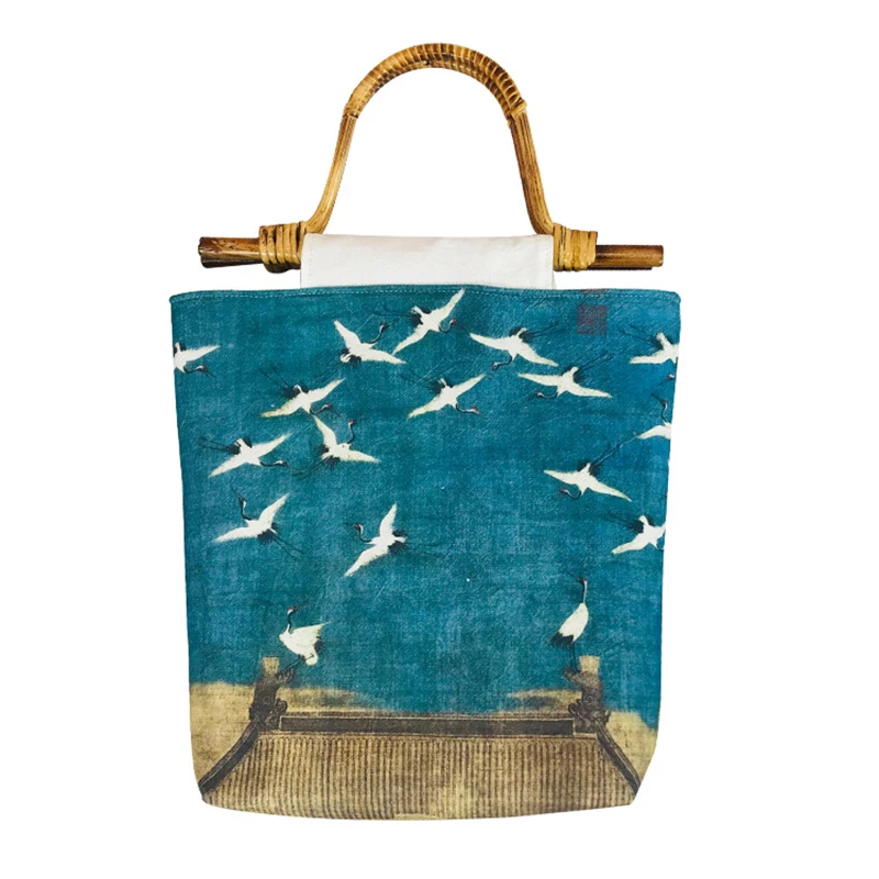 Льняная женская сумка с рисунком Журавля Бамбуковая через плечо для студентов