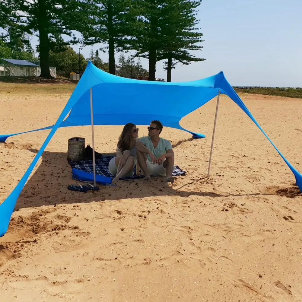저렴한 해변 양산 경량 휴대용 태양 그늘 텐트 샌드백 UV 라이크라 대형 가족 캐노피 야외 해변 낚시 캠핑