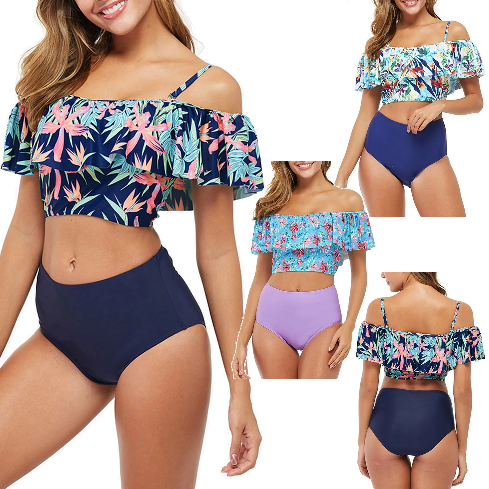 

YiZYiF 2 Piece Swimwear for Women 2021 Beachwear Swimming Suit Flower Print Swimsuit Flouncing Crop Tops with High Waist Briefs