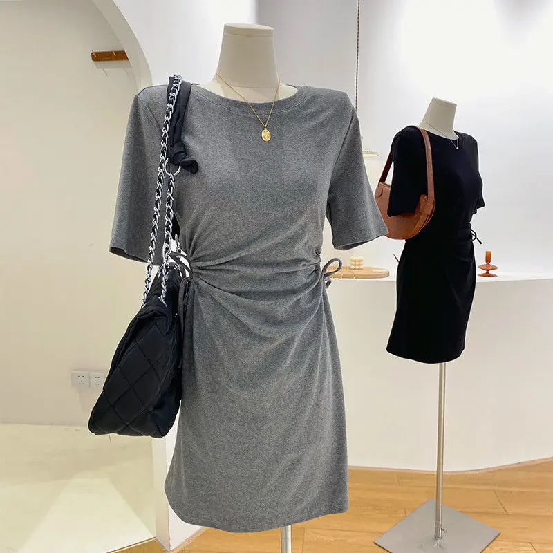 

Women Short Sleeved Dress T-shirt 2021 Summer Solid Color Mini Skirt Pleated Solid Color Office Lady Top