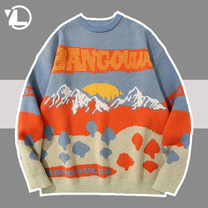 

Vintage Knitted Sweater Men Streetwear Mountain Patchwork Wool Jumper Pullover Harajuku Fashion Casual Thick Cotton Sweaters New