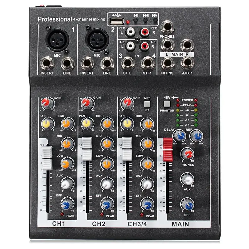 LEORY Профессиональный 4 канала Live DJ аудио микшер bluetooth звук микшерный пульт с USB MP3 Разъем для караоке KTV музыкальное шоу
