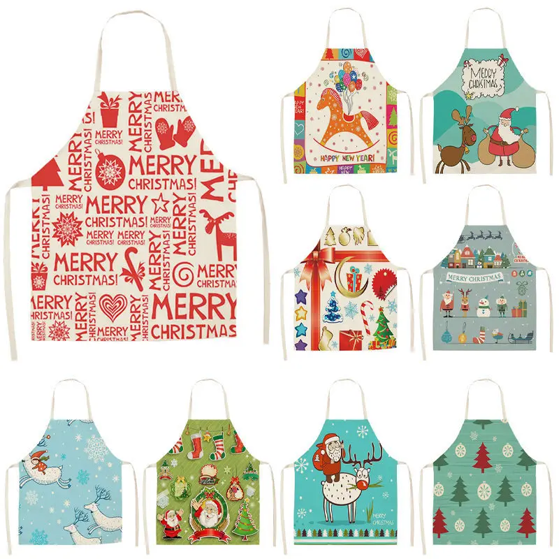 

1pcs Christmas Apron Deer Snowflake Pinafore Cotton Linen Aprons 53*65cm Woman Adult Bibs for Home Kitchen Cooking Baking