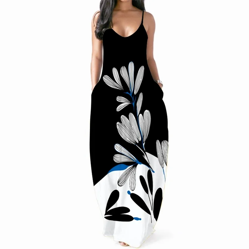 

2021 Summer New Long Dress Printed Dress Sexy V-neck Suspender Long Skirt Beach Bohemian Dresses for Women Party Floor-Length