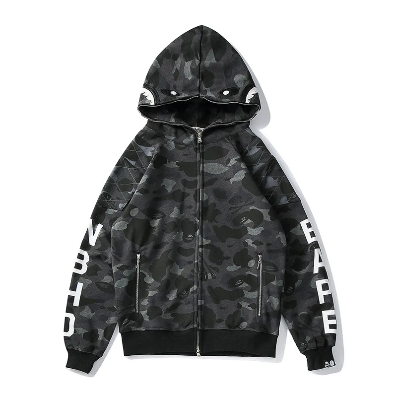 

Tide brand bape shark patchwork sweater luminous hooded zipper coat men's and women's cotton