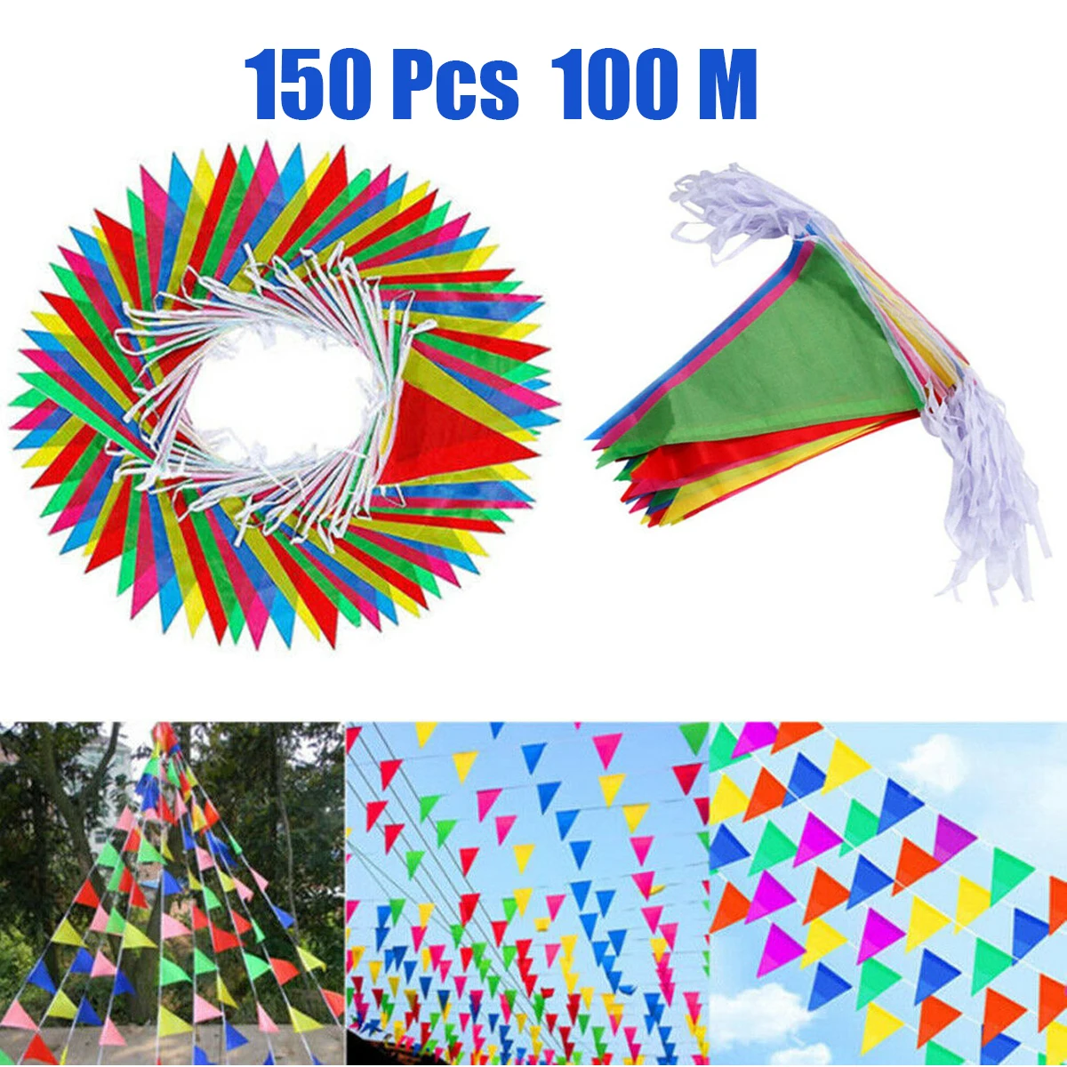 

150 Pcs Colorful Pennant Flags Triangle Bunting 100M Multicolor Banner Festival Outdoor Opening Wedding Party Celebration Decor