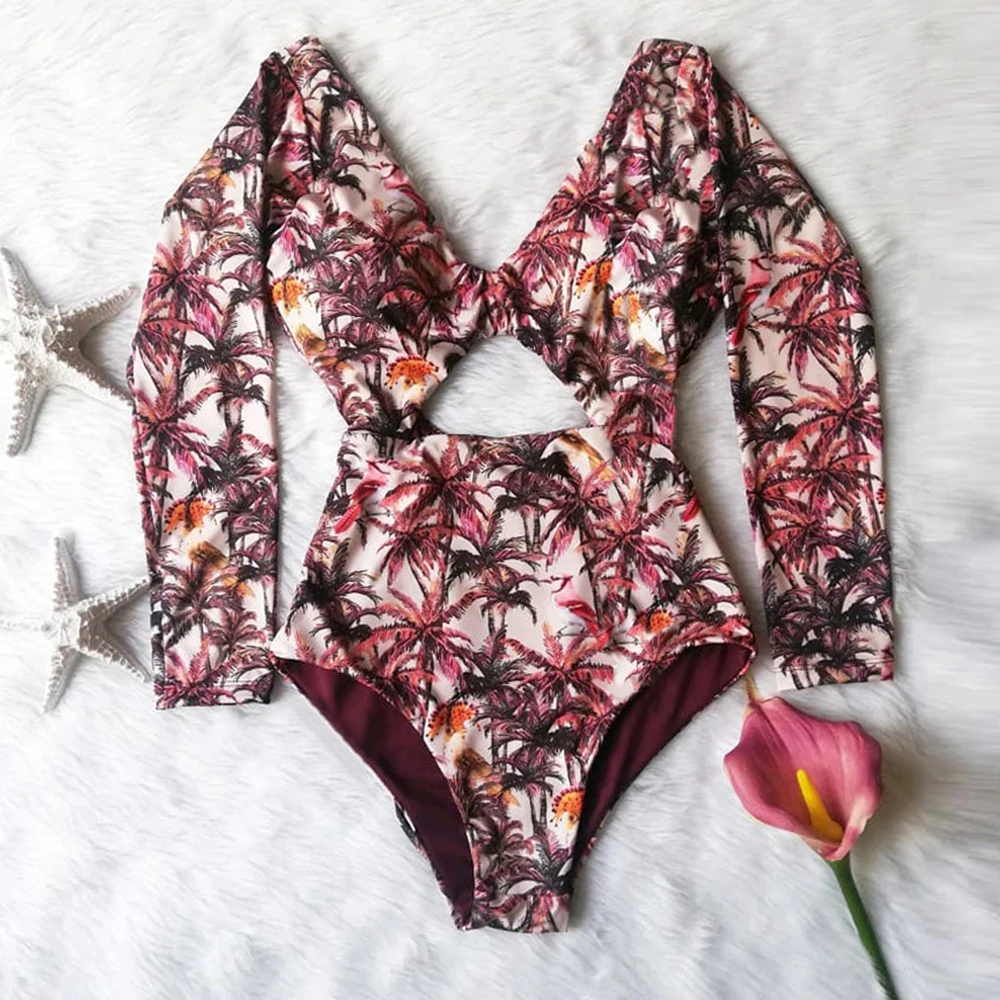 

Print Floral One Piece Swimsuit Long Sleeve Swimwear Women Bathing Suit Retro Swimsuit Vintage One-piece Surfing Swim Suits