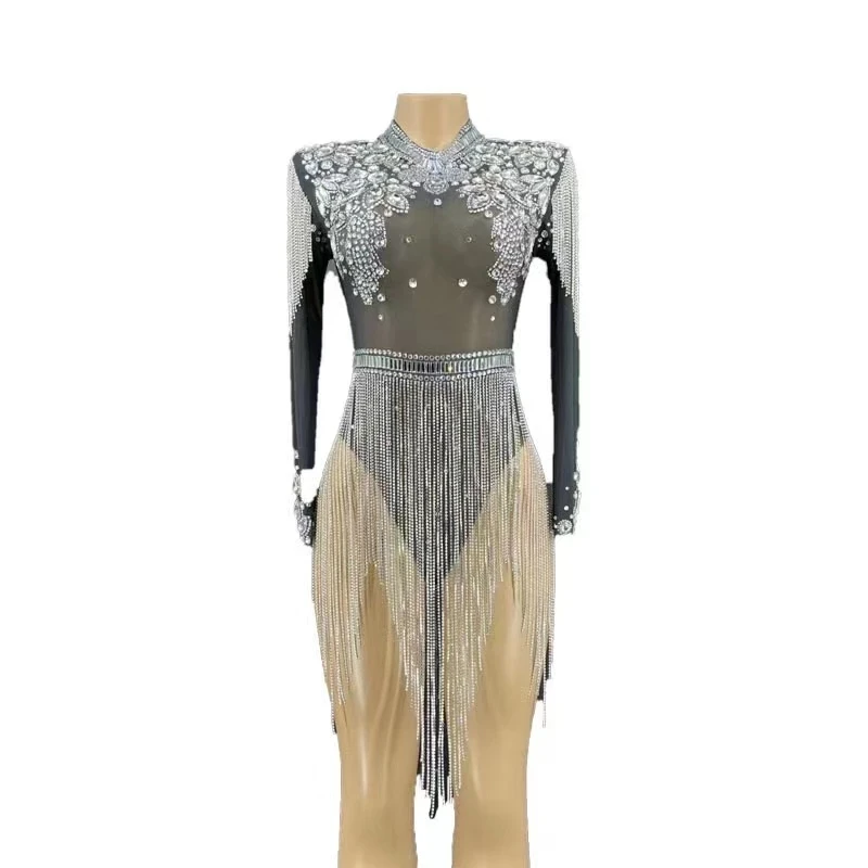 

Sexy women Transparent Mesh Dress Black Stage Show Bodysuit Evening Birthday Celebrate Stretch Costume