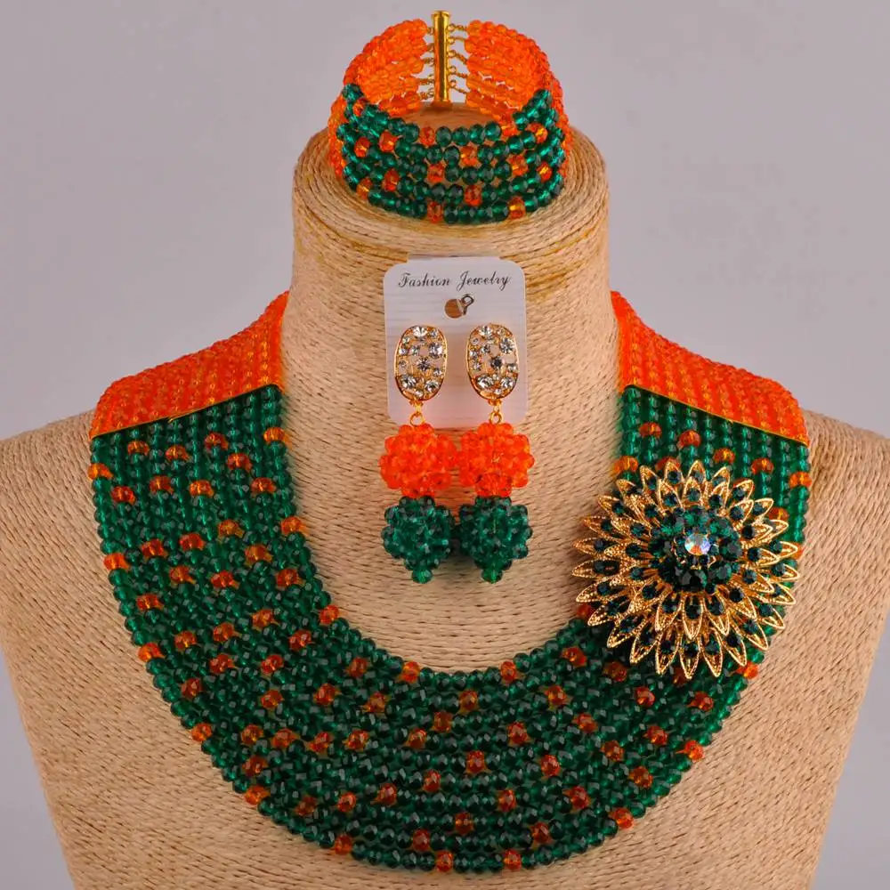 

orange and army green costume necklace african set nigerian wedding crystal beads jewelry sets 10SZ
