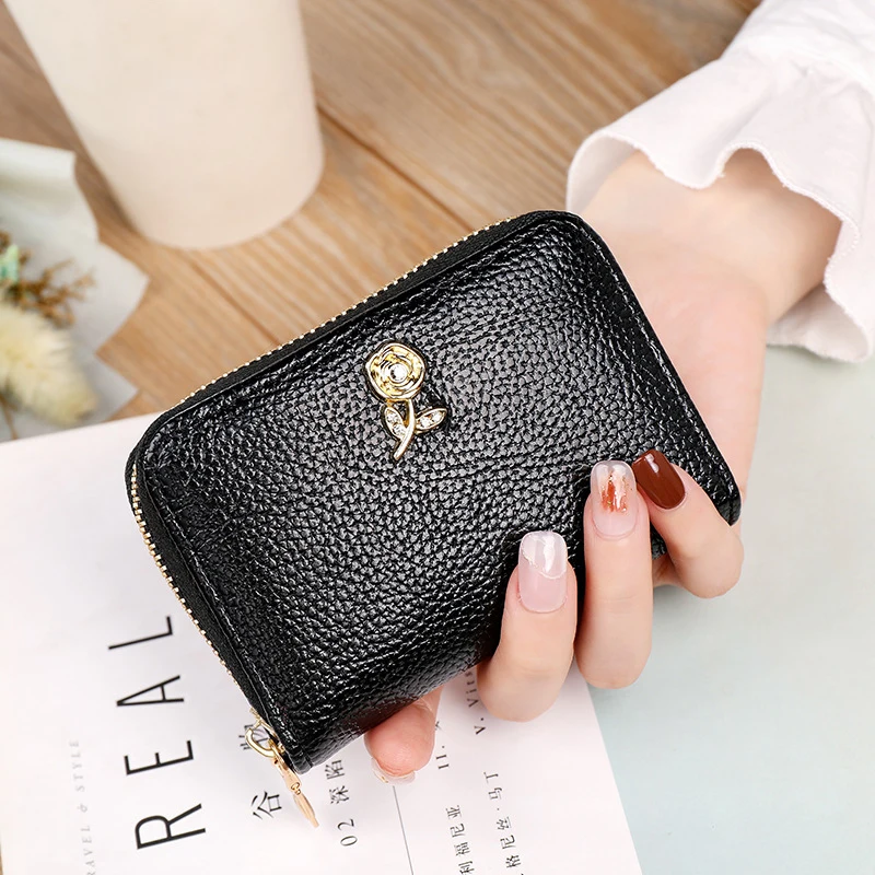 

Card Holder Wallet Women PU Leather Litchi Grain Cardholder Purse New Casual ID Credit Card Holder Rose Metal Decoration Solid