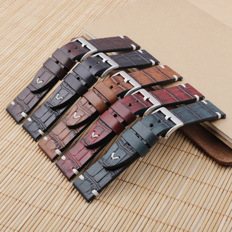 Bamboo Pattern Leather Watch Band 18mm 20mm 22mm 24mm Watch Strap Multicolor Bracelet Strap on Men's Watches Belt Pin Buckle