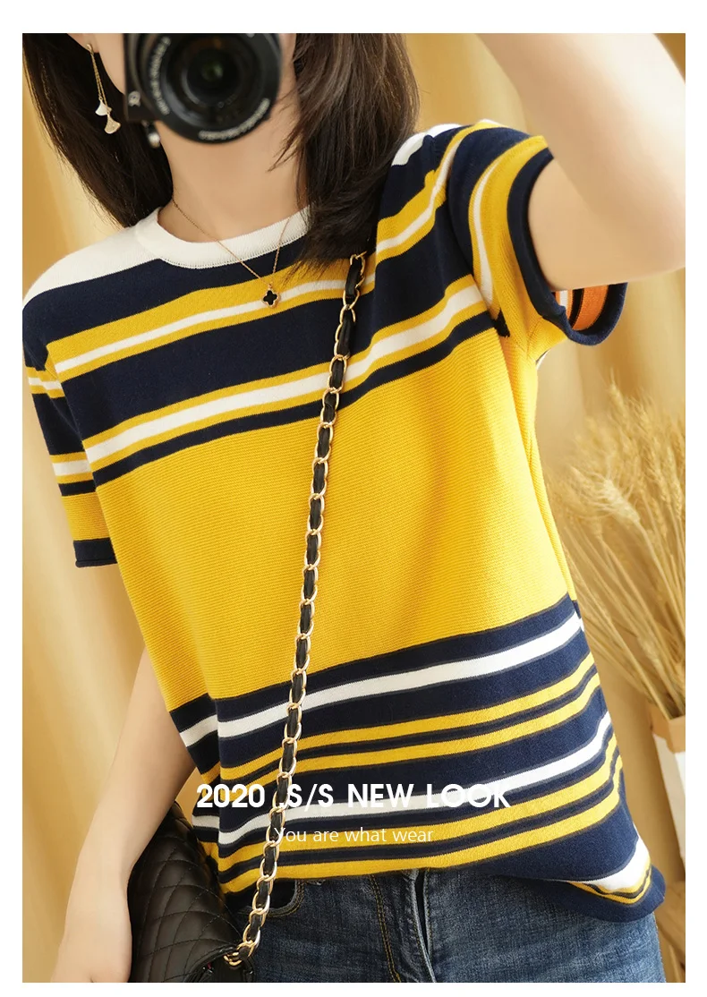 

Thin loose color striped half-sleeved T-shirt women 2021 summer cotton linen sweater short sleeves