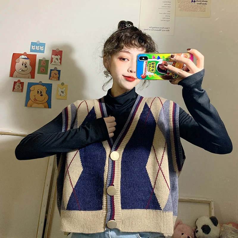 Женский двубортный кардиган Свободный вязаный жилет в корейском ретро-стиле с