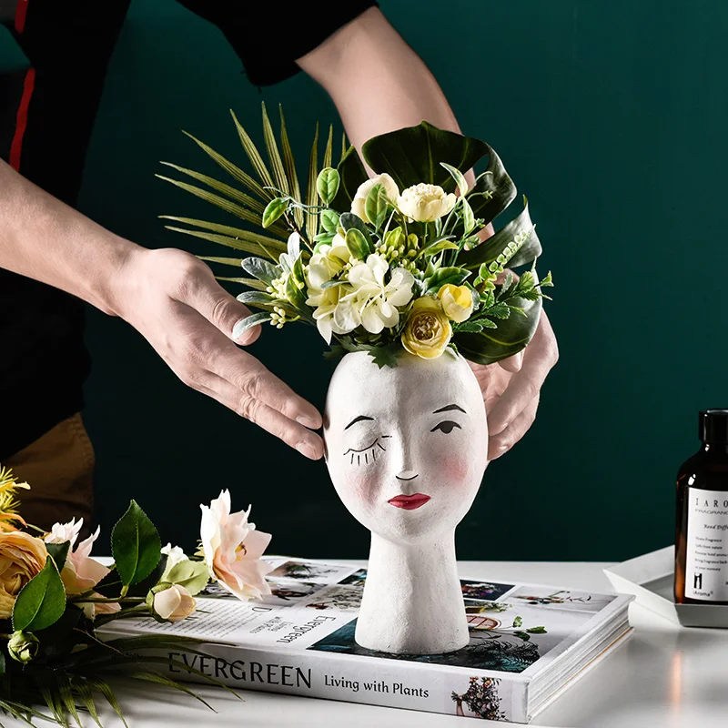 European Resin Vase Head Portrait Sculpture Flower Pot Decoration Ornaments Home Livingroom Office Desktop Furnishing Crafts Art