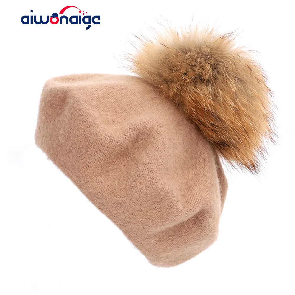 

Fashion outdoor beret ladies raccoon fur pom-pom painter hats autumn and winter warm solid color knit elegant caps high quality