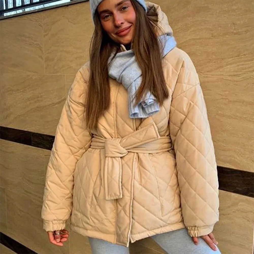 Women's Casual Loose Hooded Parka Coat Elegant Rhombus Lace-up Long-Sleeved Fashion Solid Color Warm Short Coat XS-L