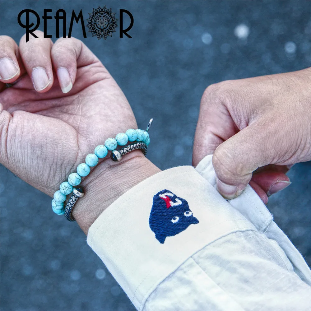 REAMOR натуральная бирюза этнический браслет из деревянных бусин homme модные