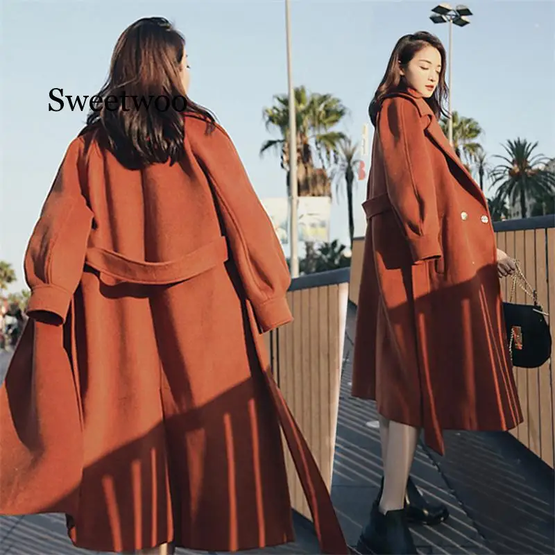 Зимнее шерстяное пальто и куртка для женщин Корейская длинная размера плюс