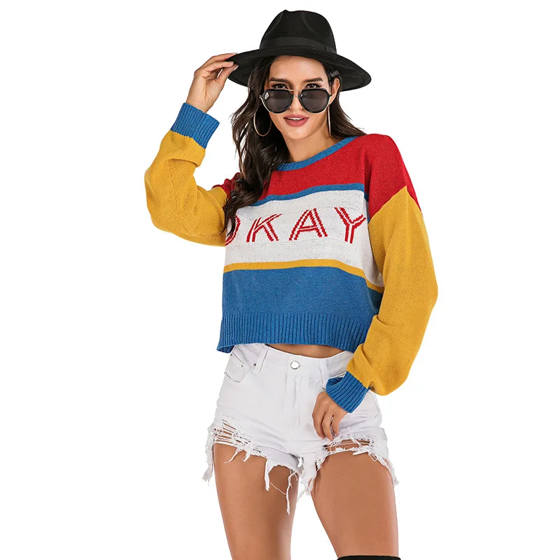 

2021 Fall Lettered O-Neck Knit Sweater Women Patchwork B Long Sleeve Elegant Warm Color Loose Female Pullover Femmes Jumpers