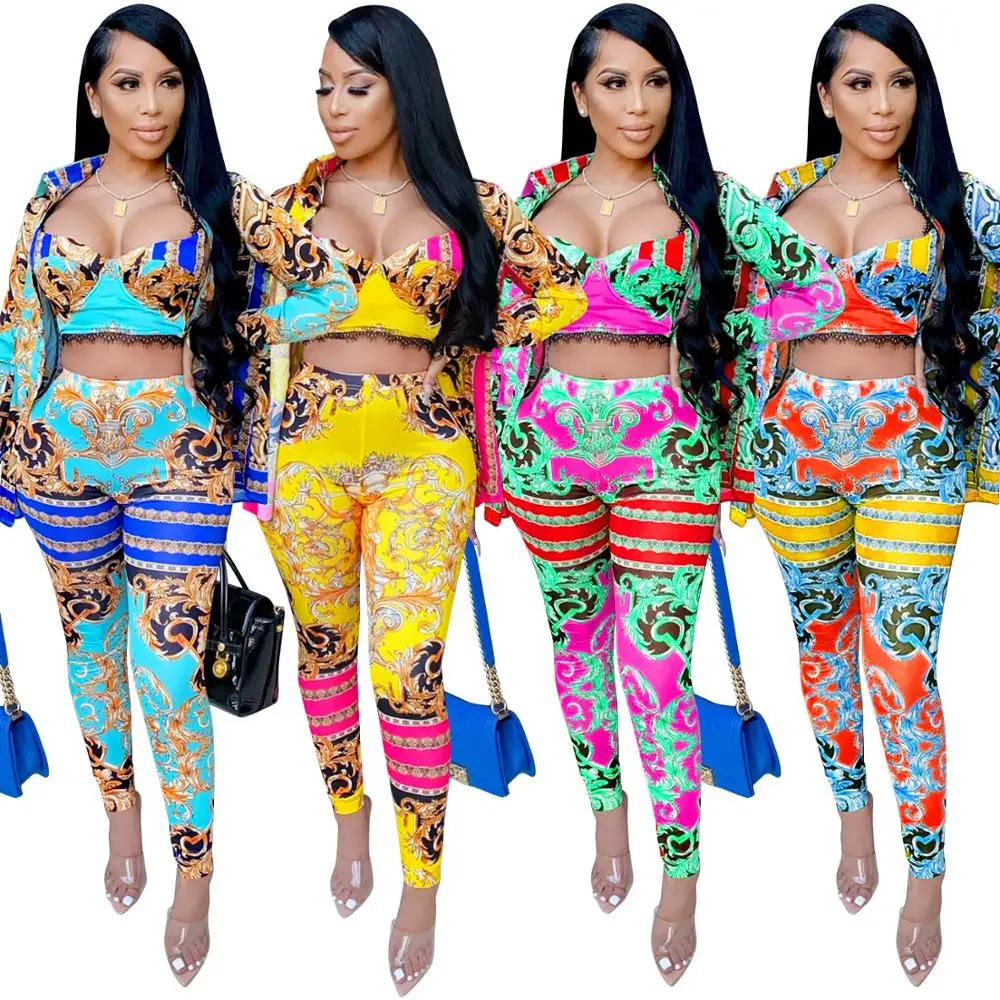

2020 Autumn Winter Women's Set Coat+top+Pant Set Tracksuit 3 Pieces Sets Outfit Active National Print Sweatsuit