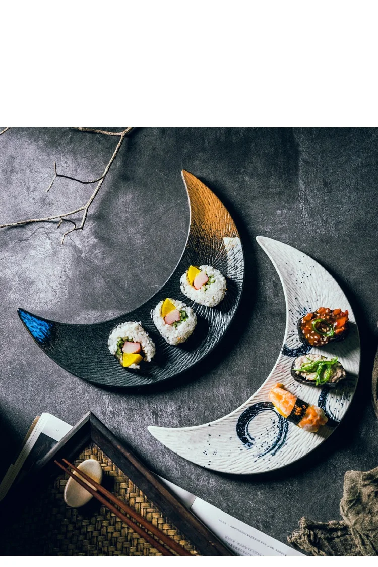Japanese Style Ceramic Moon Dessign Sushi Dessert Plate Cuisine Flat Plate Dim Pastry Dish Dumplings Dinner Plate Household