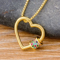 aibef new design heart lock carabiner pendant necklace copper cz zirconia jewelry screw clasp statement chain necklace couples