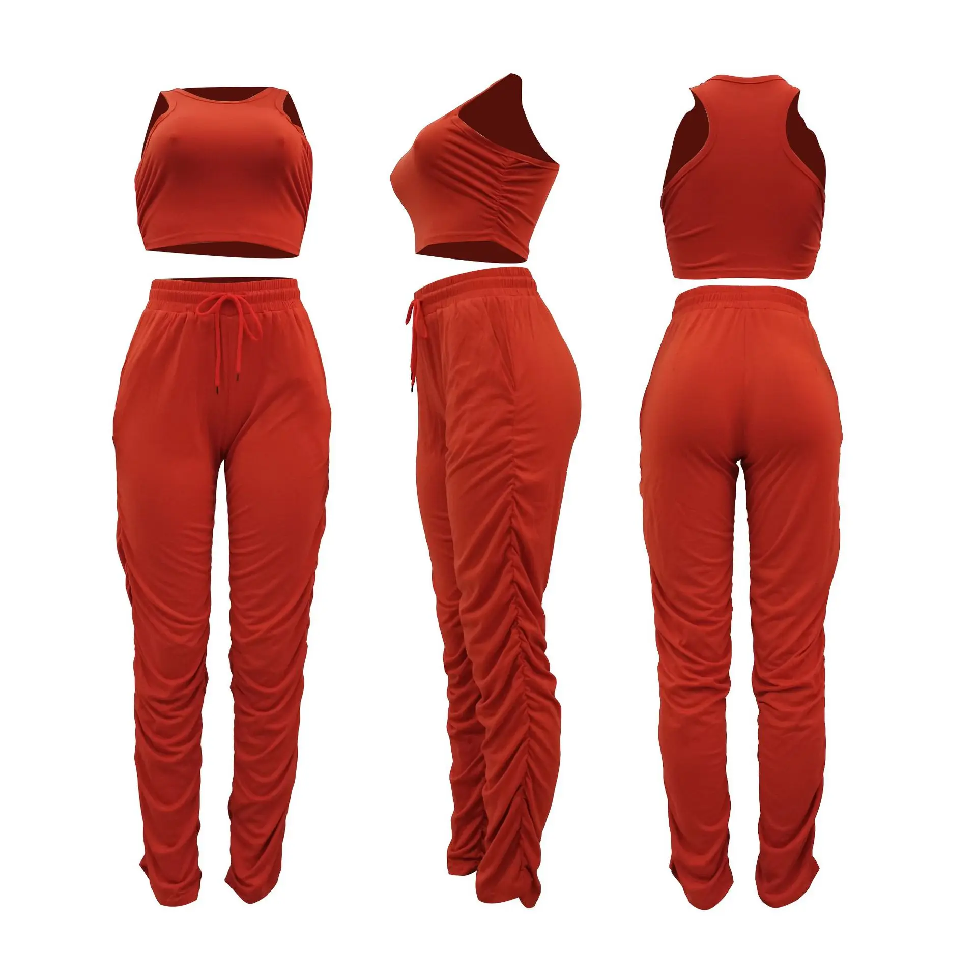

Two Piece Set Women Stacked Pants Leggings Sleeveless Backless Sexy Crop Top Womens Outfits Tracksuit Jogging Femme 2020 New