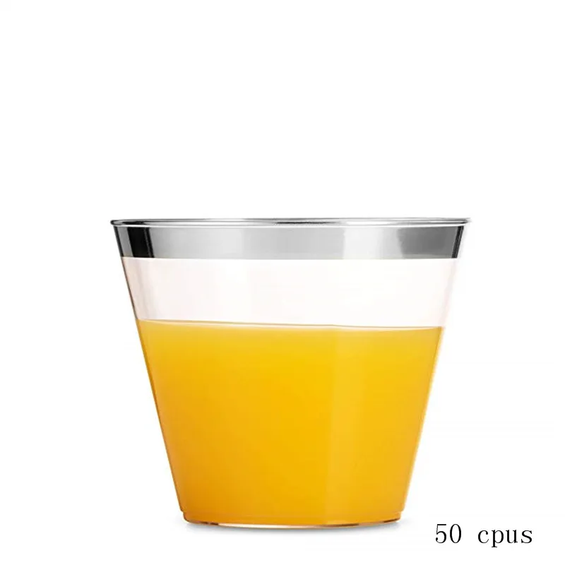 Silver Cups 50pcs Прозрачные пластиковые стаканчики, 50 шт., одноразовые, для свадебной вечеринки, золотые, бронзовые, пластиковые стаканчики, серебристые, розовые, золотые, вечерние, аксессуары для питья, 9 унций - Цвет: Silver Cups 50pcs