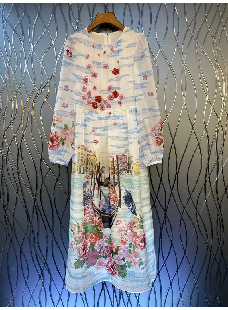 

2022 Spring Long Dress High Quality Designer Fashion Women Flower Beading Deco Long Sleeve Casual Vintage Print Long Maxi Dress