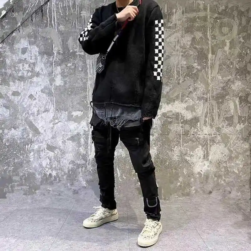 

Autumn Winter Do Old Destroyed Tassel Knitted Jumper Men Women 1:1 Top Quality Checkerboard Printing Rhude Sweaters