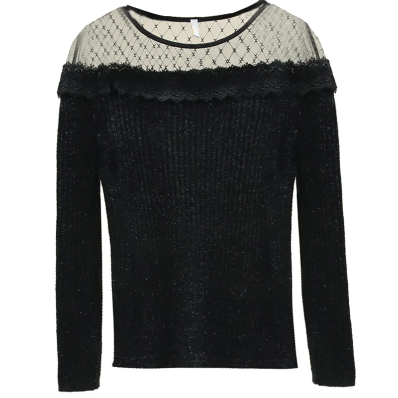 

2020 Spring Autumn Knitted Lace Bottoming Shirt Woman Mesh Neck Sexy Knitting Shirts Sweater Women Slim Sweaters White Sweater