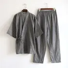 Пижамный комплект мужской, хлопок, двойная марля, вертикальные штаны, Полосатое кимоно