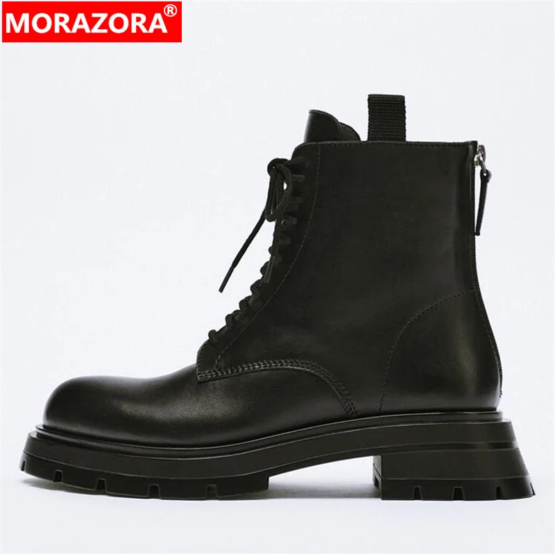 Женские ботинки из натуральной кожи MORAZORA черные на высоком каблуке с круглым