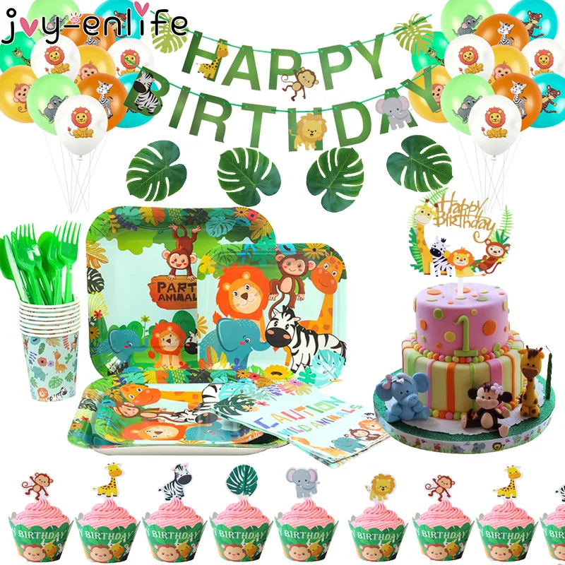 

Jungle Party Supplies animal Balloons Plate Cup Disposable Tableware Cake topper Kids Boy Birthday Party Decoration Baby Shower