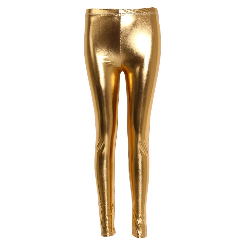 

Women Shiny Silver Gold Leggings High-Waisted Faux Leather Stretch Pencil Pants